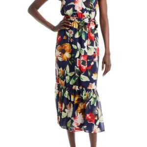 Sam Edelman V-Neck Flutter Sleeve Tie Waist Floral Print Ruffle Trim Picasso Dress