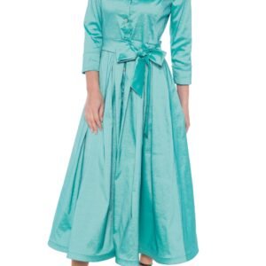 Marina 3/4 Sleeve Point Collar Neck Tie Waist Taffeta Midi A-LIne Dress