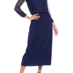 Marina Blouson Scoop Neck Midi Pleated 3/4 Sleeves Column Dress