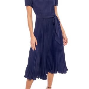 Marina Crew Neck Short Sleeve Fit & Flare Pleated Midi Dress