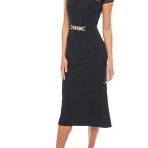 Marina Boat Neck Cap Sleeves Scuba Crepe Illusion Midi Bodice Dress