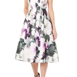 Kay Unger Floral Sleeveless A-Line Mikado Cocktail Midi Dress