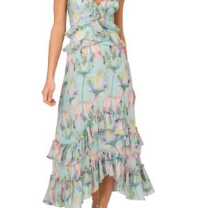 Adrianna Papell Floral Print Chiffon V-Neck Sleeveless Ruffle Trim Midi Dress