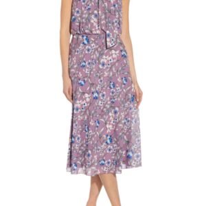 Adrianna Papell Tie Halter Neck Sleeveless Blouson Floral Print Fit & Flare Chiffon Dress