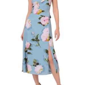 Adrianna Papell Tie Neck Sleeveless Zipper Back Floral Print Slit Side Crepe Dress