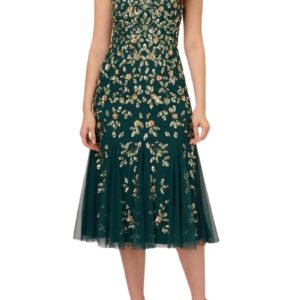 Adrianna Papell Ruffle Beaded Midi Mermaid Cocktail Dress