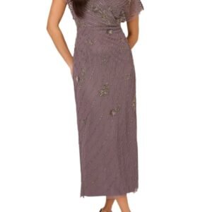Adrianna Papell Beaded Ankle Length Dress With Sheer Flutter Sleeves Dress