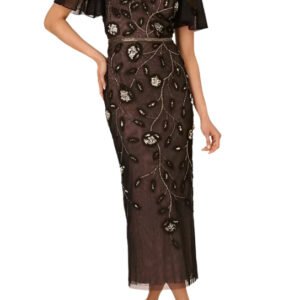 Adrianna Papell Beaded Knit Mesh Sequin Column Waist With Belt-Style Beading Dress