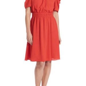 London Times Shirred Jewel Neck Puff Sleeve Midi Dress