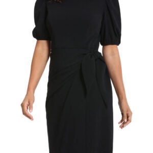 London Times Puff Sleeve Crew Neck Midi Sarong Wrap Dress