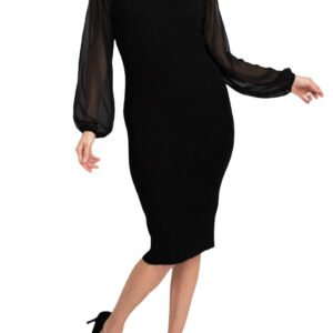 London Times Crew Neck Chiffon Long Sleeves Bodycon Knit Dress
