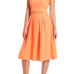 London Times V-Neck Tucked Midi With Belt Dress