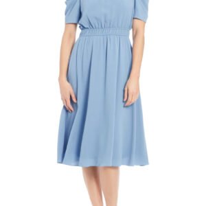 London Times Shirred Neck Caterpillar Sleeve Midi Dress