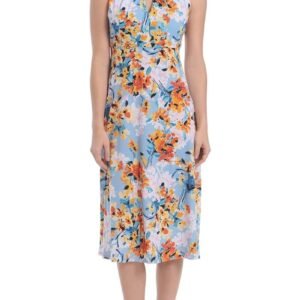 London Times Printed Sleeveless Versatile Empire A-line Keyhole Neckline Midi Dress